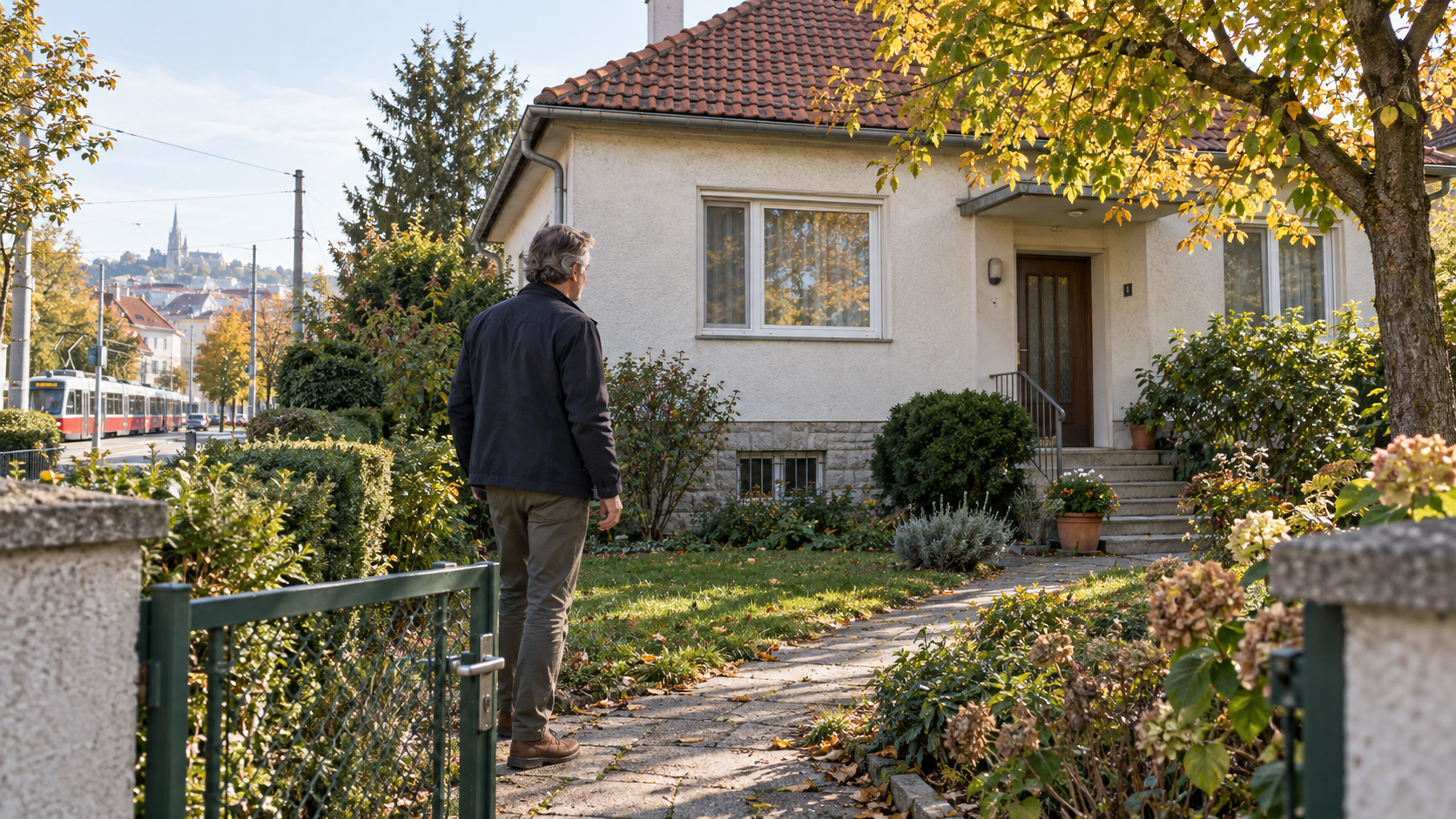 Erbe steht vor einem älteren Wiener Haus mit Garten und Straßenbahn in der Nähe