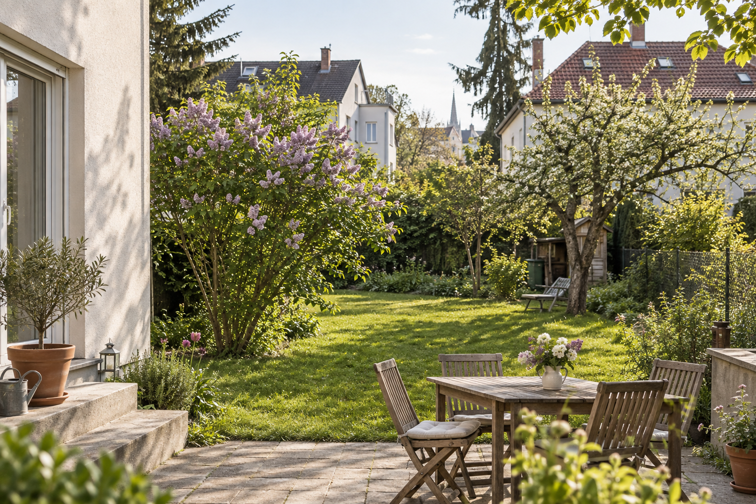 Grüner Garten hinter einem Wiener Wohnhaus mit Terrasse und Sitzplatz